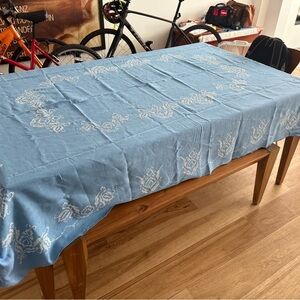 Vintage Swedish Blue Cottagecore Tablecloth with White Embroidery + 9 napkins
